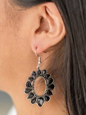 ​Paparazzi Black Oval Tear Drop Statement Earrings Silver Inset Open Hoop Dangle